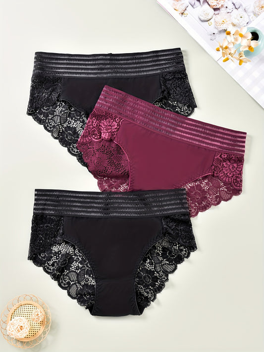 3 Pack Plus Size Lace Striped High Waist Briefs Set