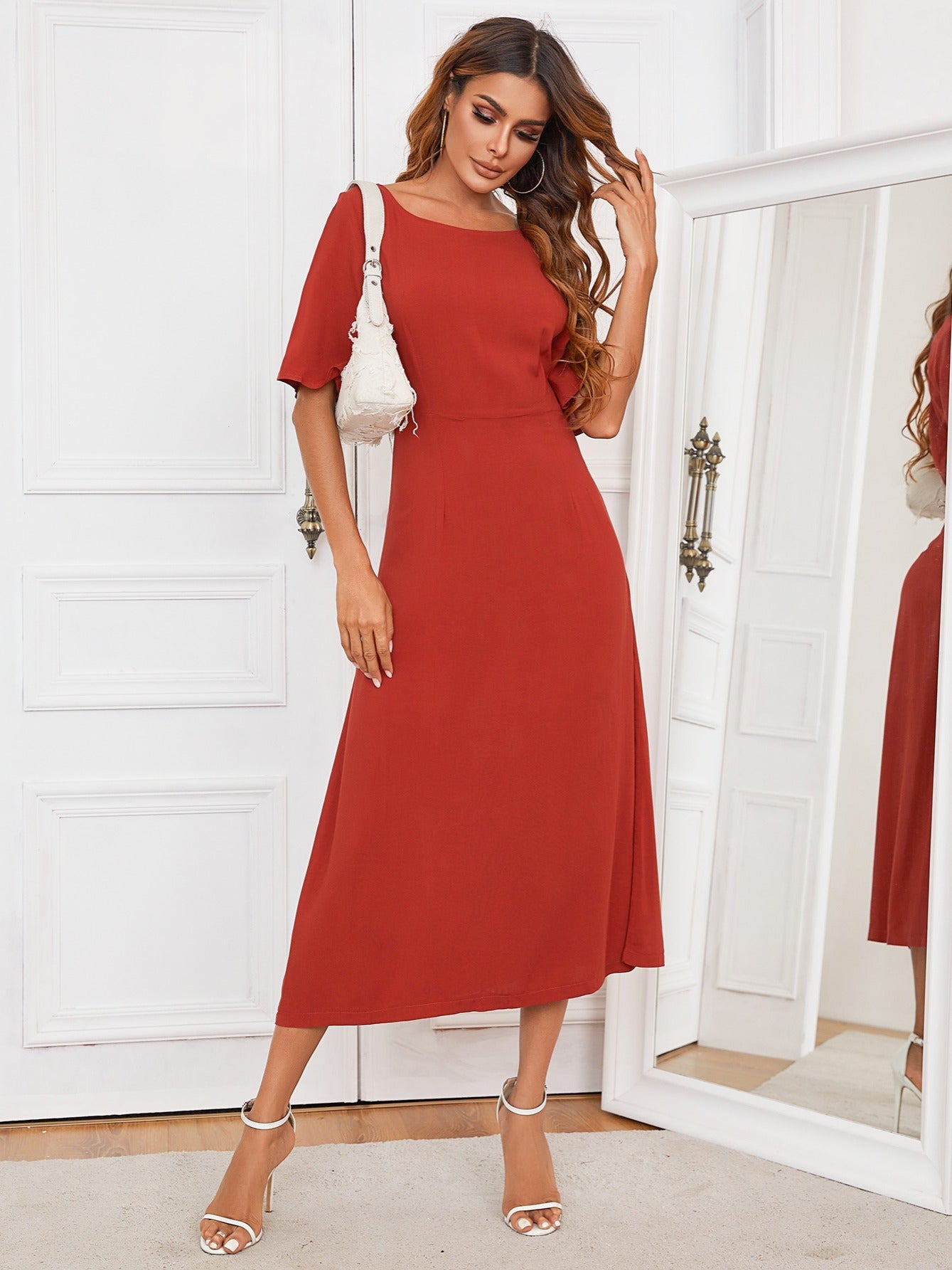 Red Crew Neck Backless Flounce Sleeve A-Line Bridesmaid Dress
