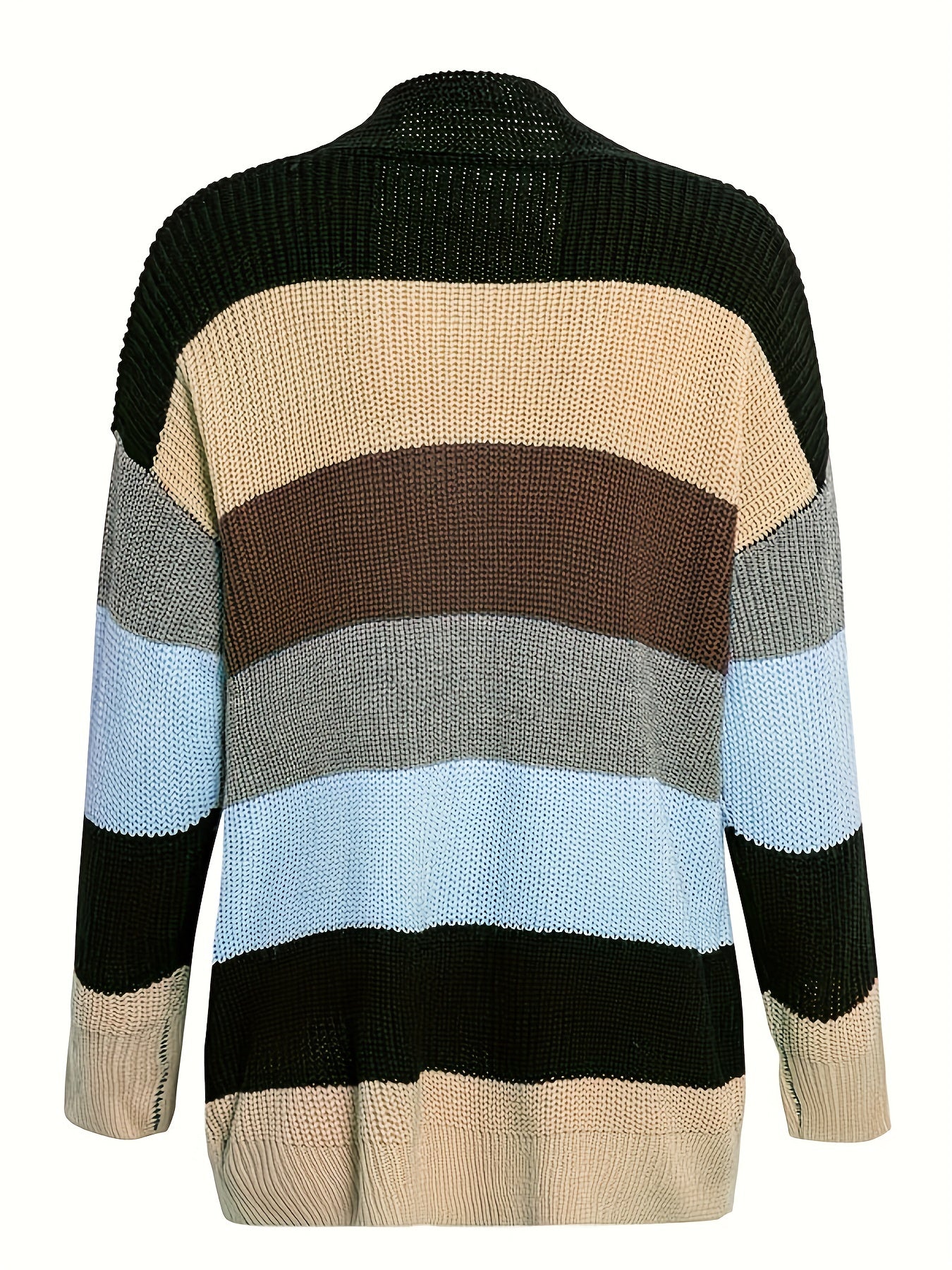  Colorblock Long Sleeve Open Front Cardigan With Pockets