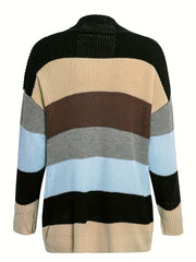  Colorblock Long Sleeve Open Front Cardigan With Pockets