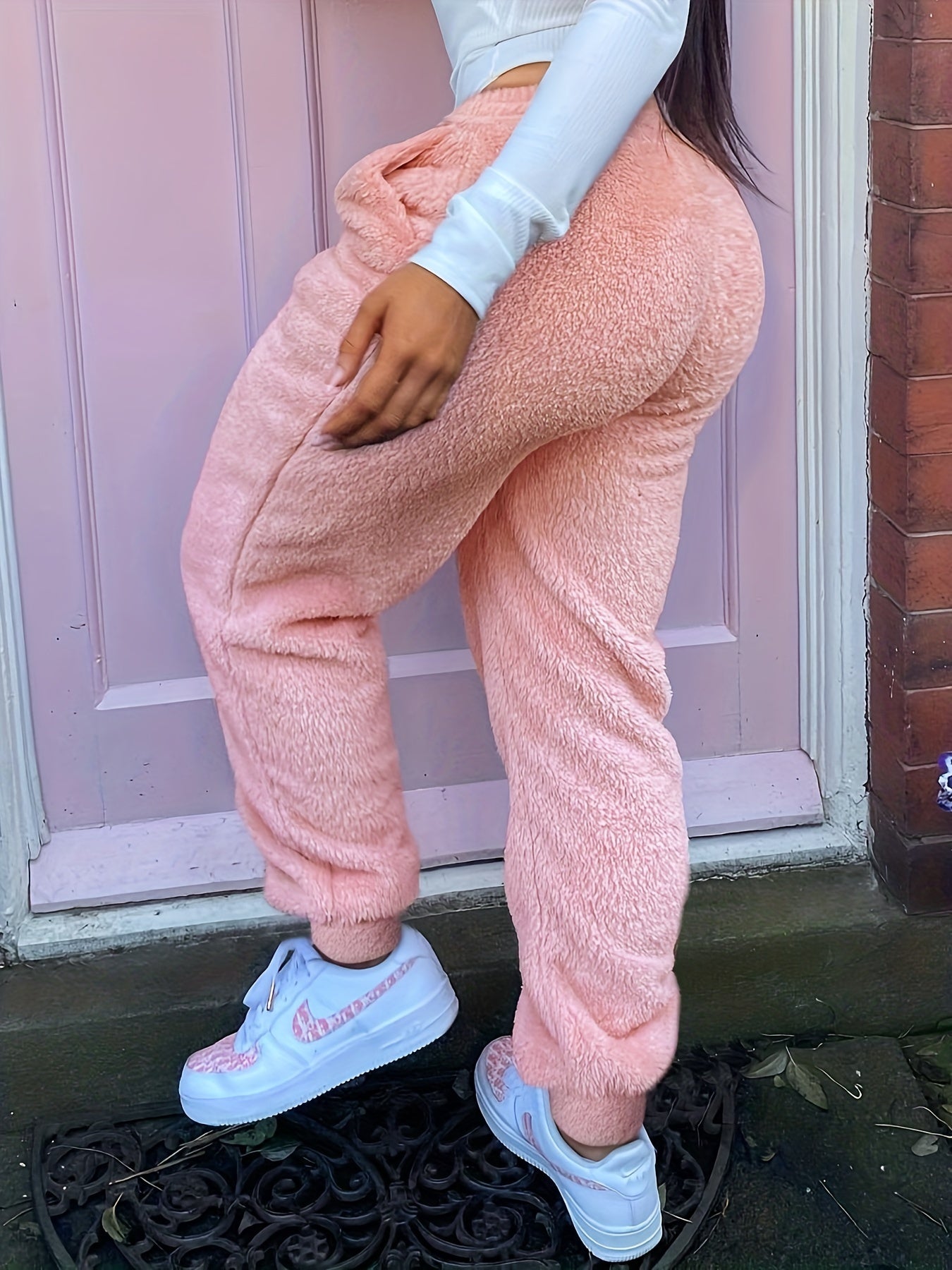  Solid Fleece High Rise Jogger Trousers