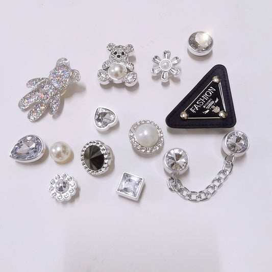 Triangle Silver Pearl Bear Rhinestone Shoe Decor Set