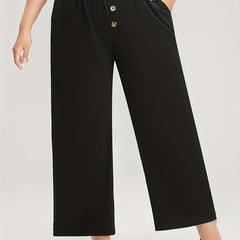 Casual Pants Women's Plus Plain Button Decor Elastic Straight Leg Pant
