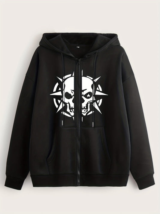  Skull Print Zip Up Hoodie Sweatshirt Coat