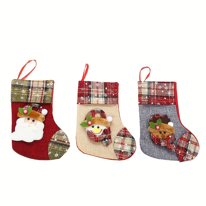 3 Piece Christmas Stocking Set Santa Claus Snowman Elk Socks Set
