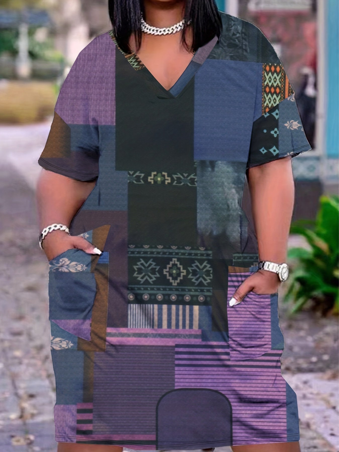  Colorblock V Neck Short Sleeve Dress With Pockets