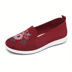 Women's Floral Embroidered Slip On Shoes Breathable Knitted Flats