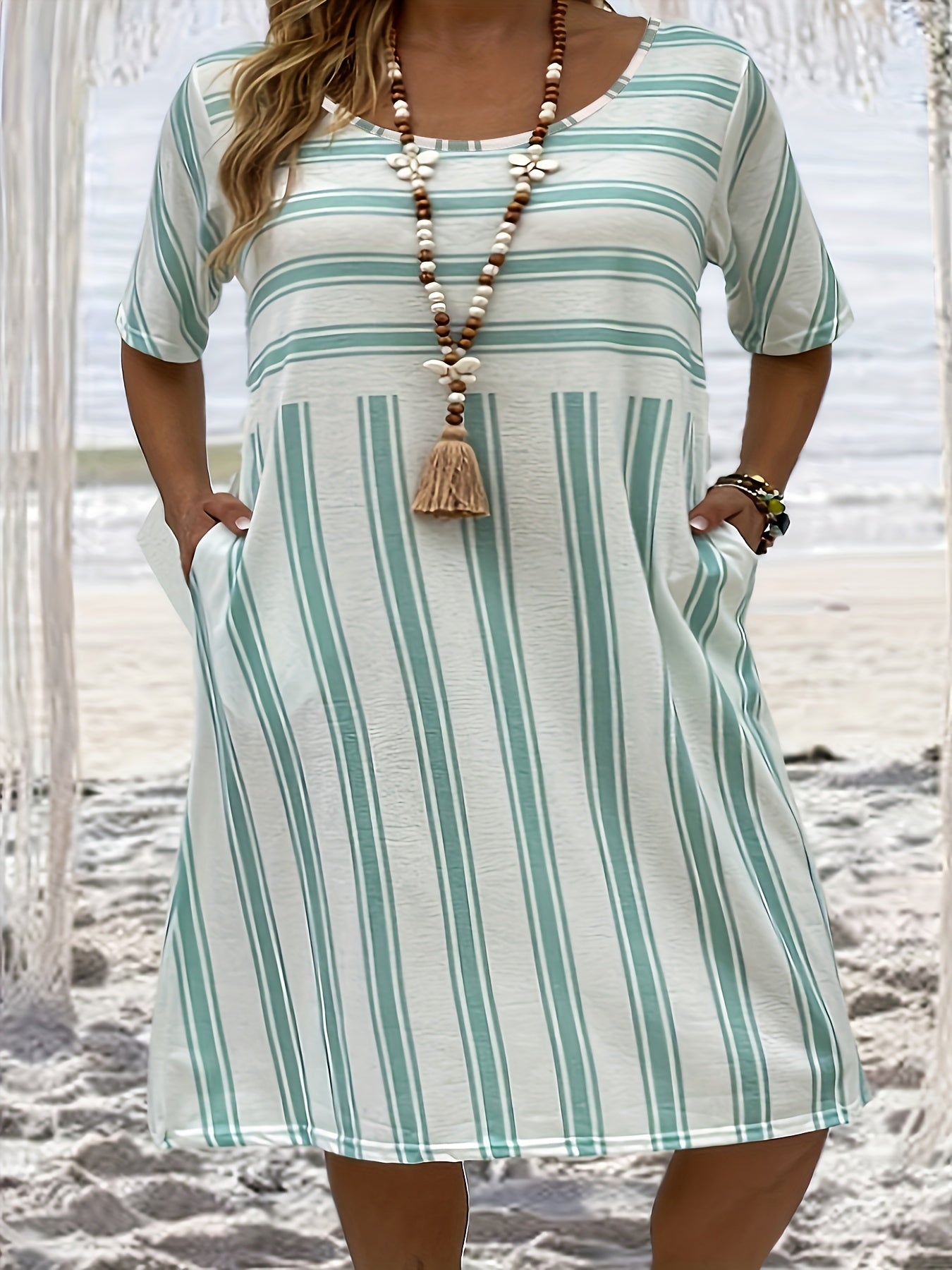  Striped Short Sleeve Midi Dress