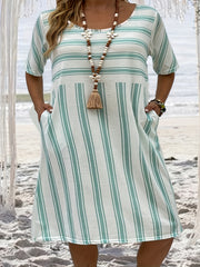  Striped Short Sleeve Midi Dress