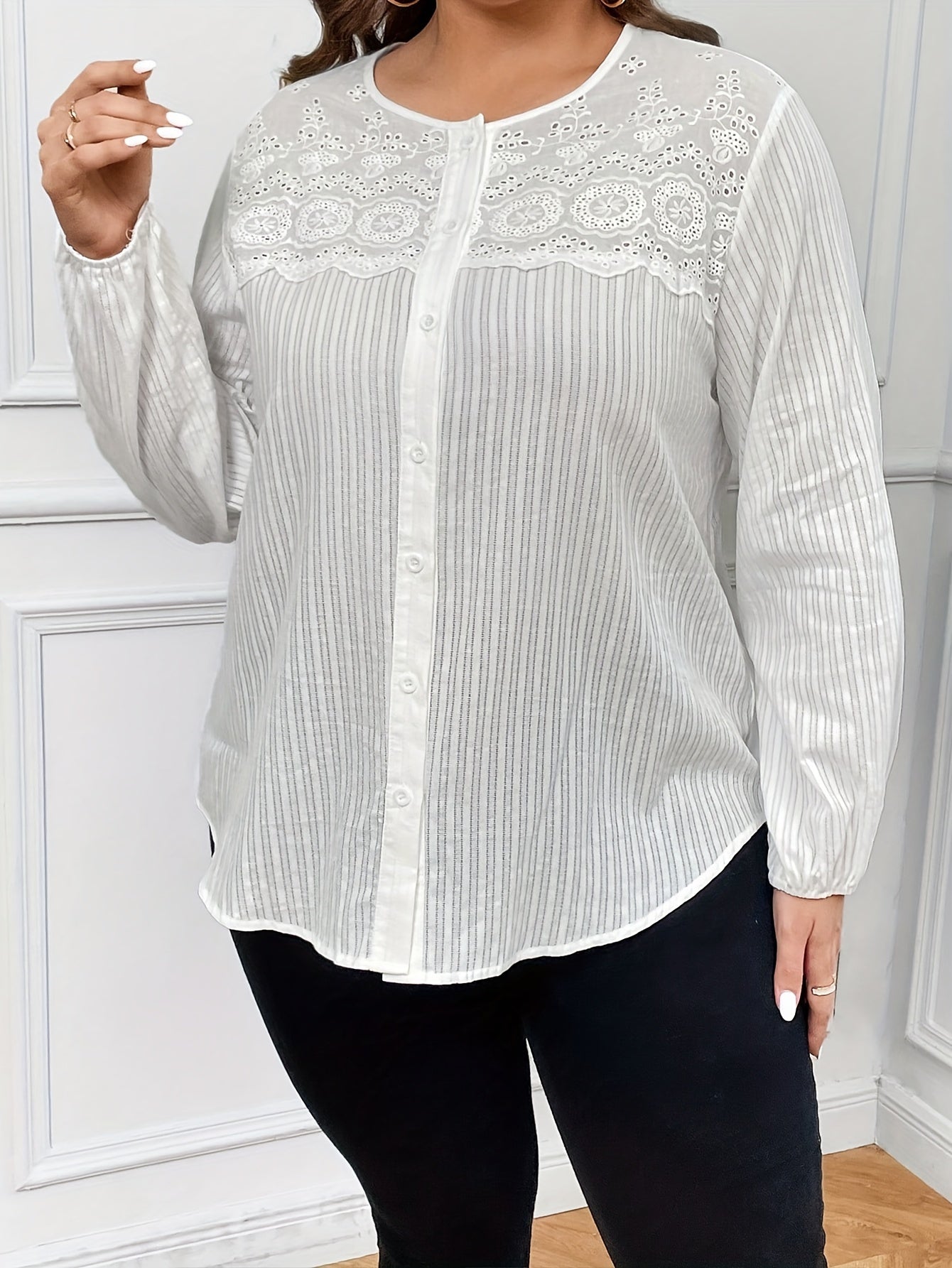  Eyelet Embroidery Button Up Lantern Sleeve Blouse