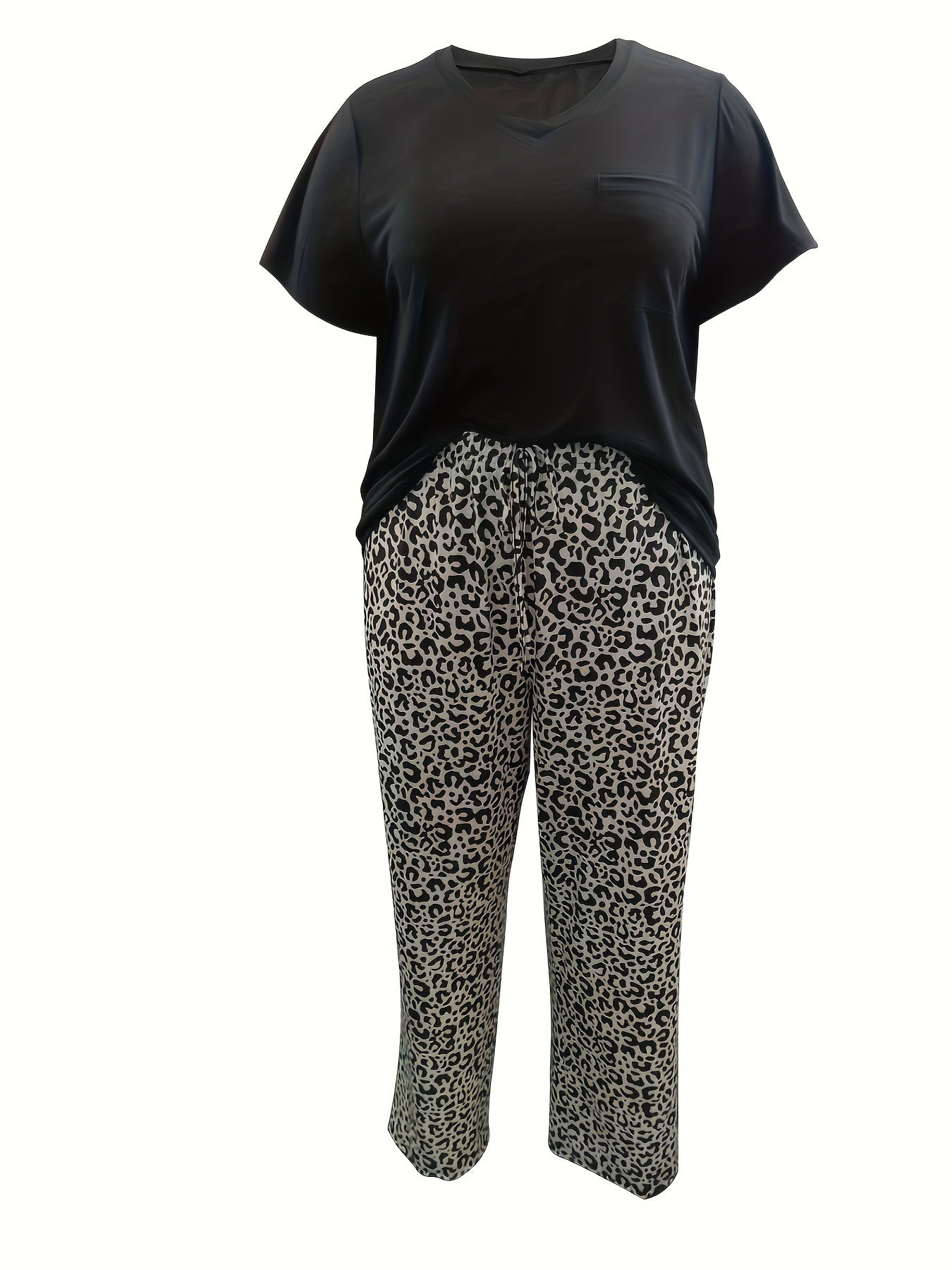  Cap Sleeve V Neck Tee & Leopard Print Pants Loungewear Set