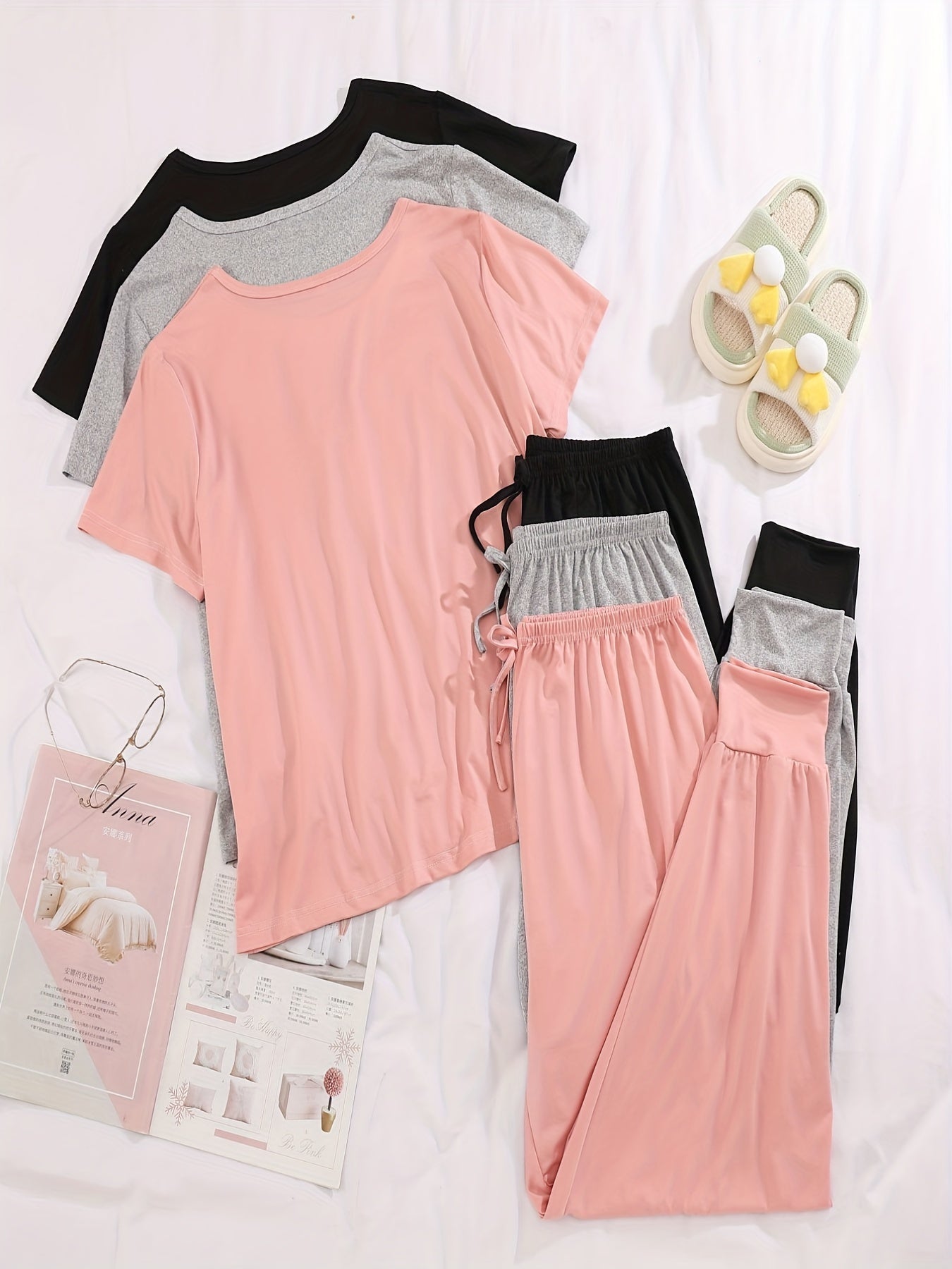 6 Pack Plus Size Pajama Set Women's Solid Short Sleeve T-Shirt