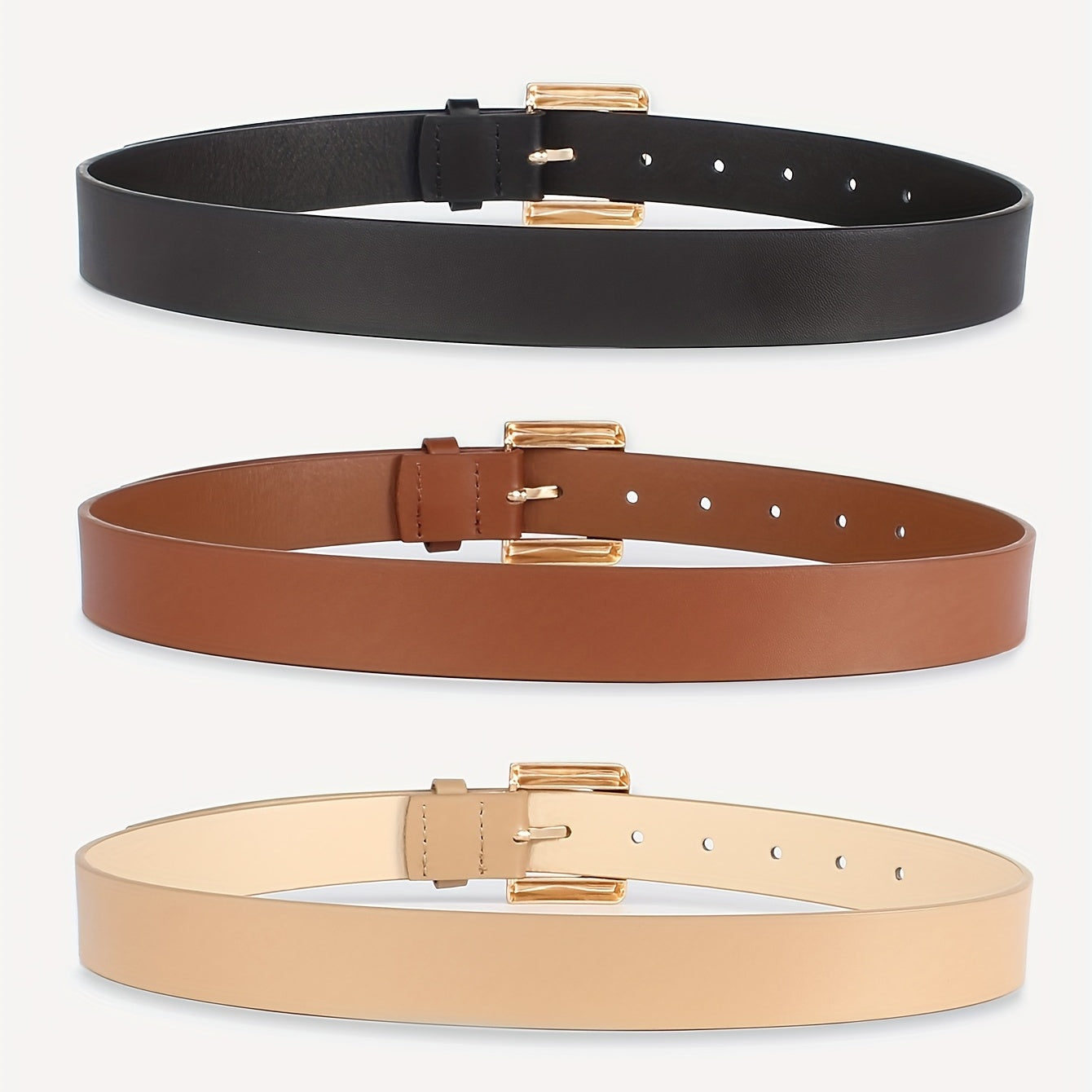 3pcs Golden Square Buckle Belt Solid PU Leather Waist Belt