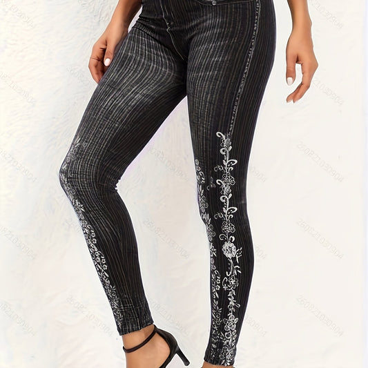  Floral Denim Print Leggings High Rise Medium Stretch