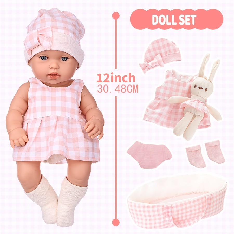 Plaid Sleeping Basket & Doll Set with Carry Crib