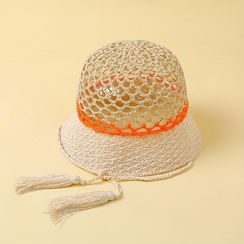 Y2K Hollow Crochet Bucket Hat Gradient Boho Straw Cloche Hats Women