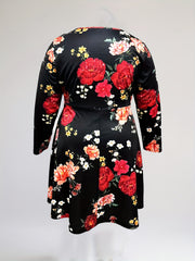  Floral Print Long Sleeve V Neck Dress