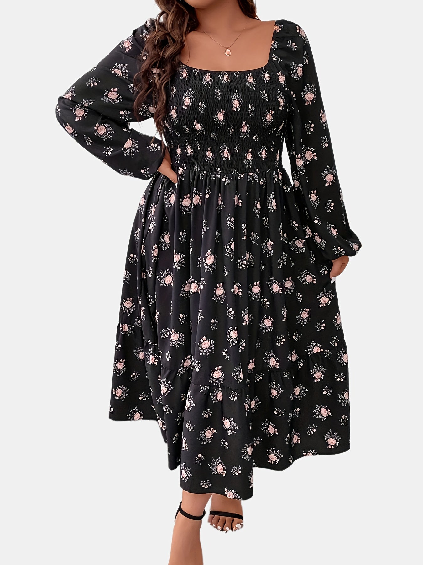 Floral Print Lantern Sleeve Maxi Dress