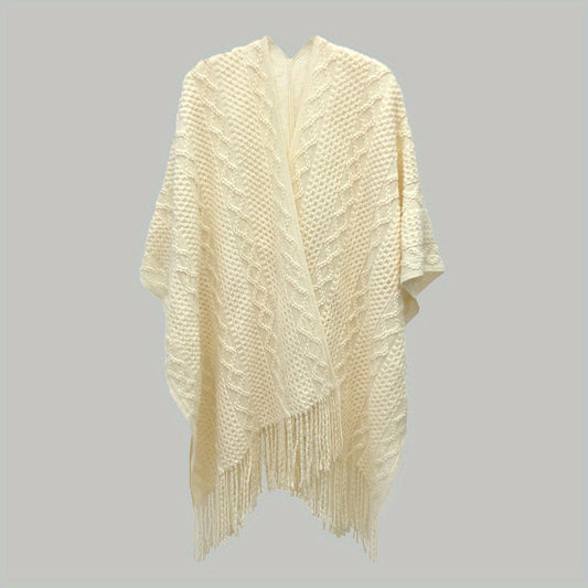 Beige Knitted Shawl Tassel Wraps Classic Warm Cape Plaid Cardigan