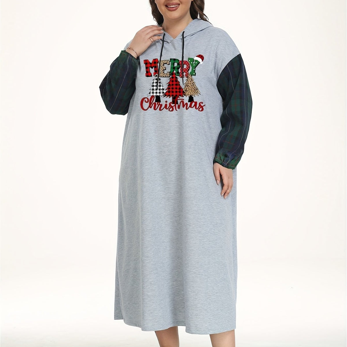 Women's Plus Plaid Christmas Tree Hooded Nightdress