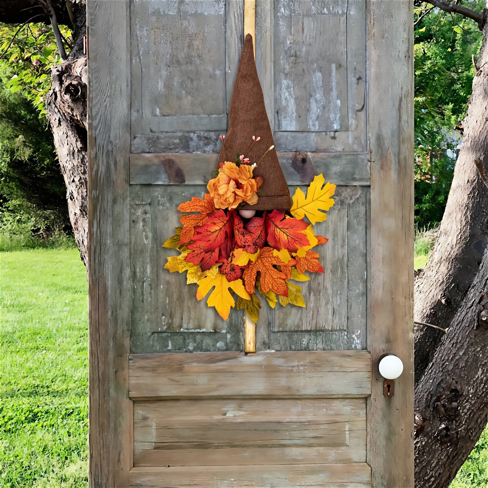 Fall Wreath Hat with Faux Maple Wood Beads for Front Door