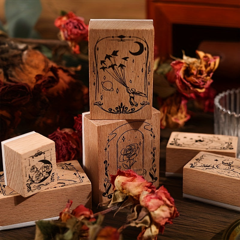 6pcs Wooden Seals Rose Prince DIY Decorative Printing Set