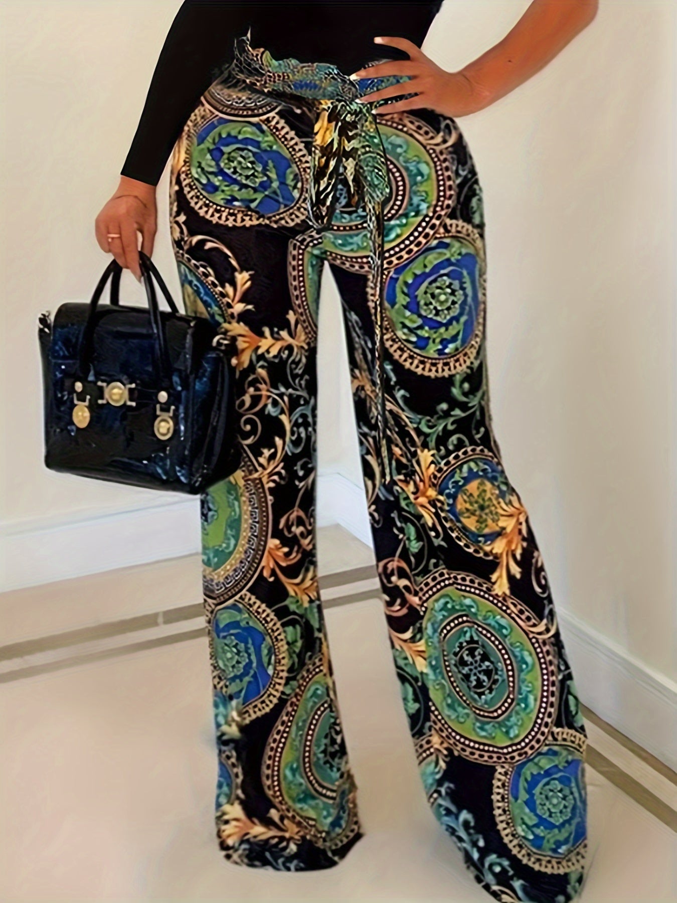  Boho Baroque Print Wide Leg Trousers With Belt