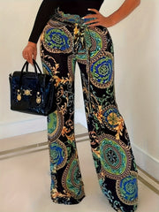  Boho Baroque Print Wide Leg Trousers With Belt