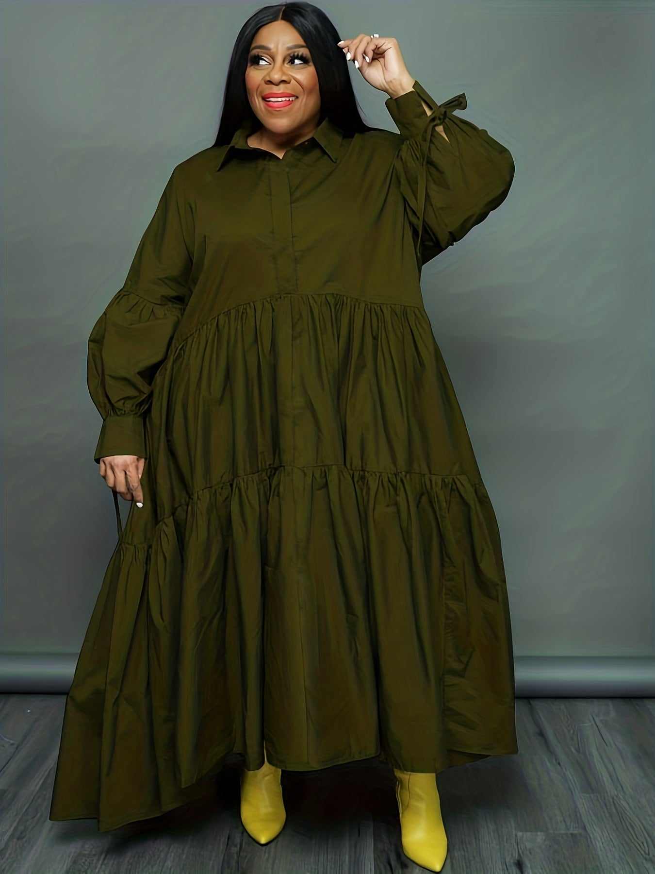 Tie Lantern Sleeve Ruffle Smock Dress