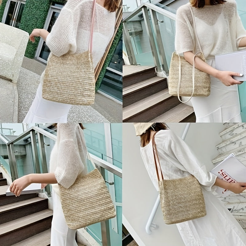 Vintage Straw Woven Hobo Bag Bohemian Tote Beach Shoulder Handbag