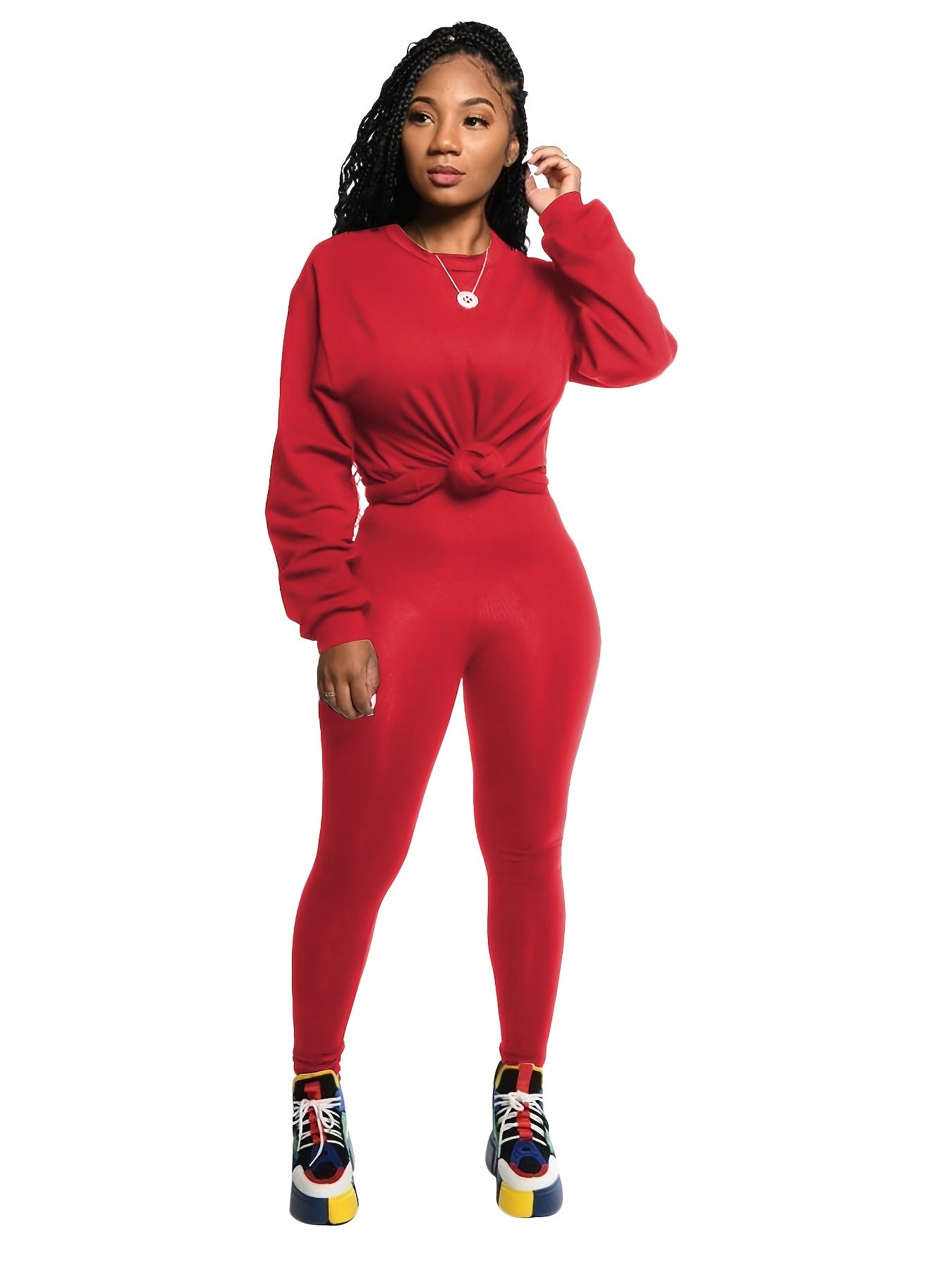 Solid Pullover Shirt & Pants Plus Size Set