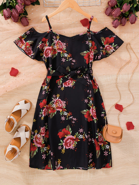 Girls Chiffon Flowers Print Cold Shoulder Dress With Belt