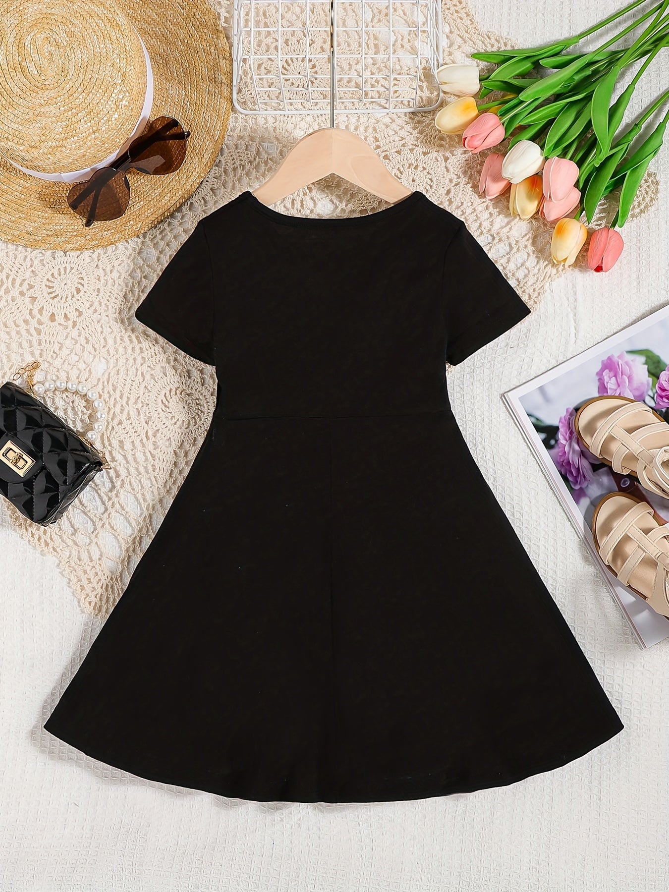 Girls Short Sleeve A-line Swing Skater Dress School Party Dress