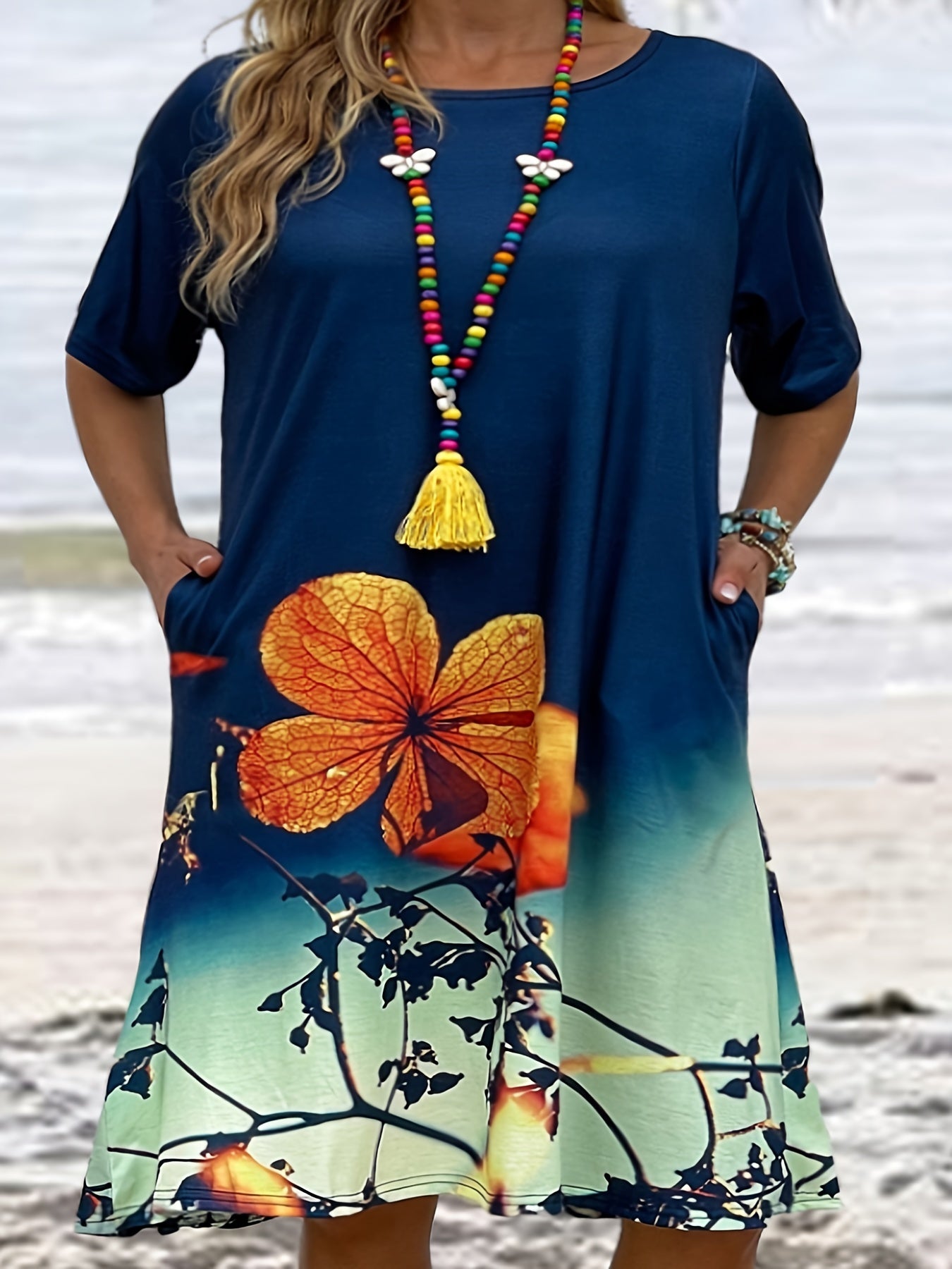  Floral Print Short Sleeve Tee Dress With Pockets