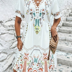 Plus Tribal Print Lace Panel V Neck Vacay Dress