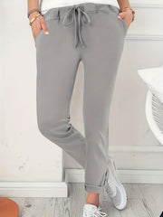  Solid Elastic High Rise Trousers With Pockets