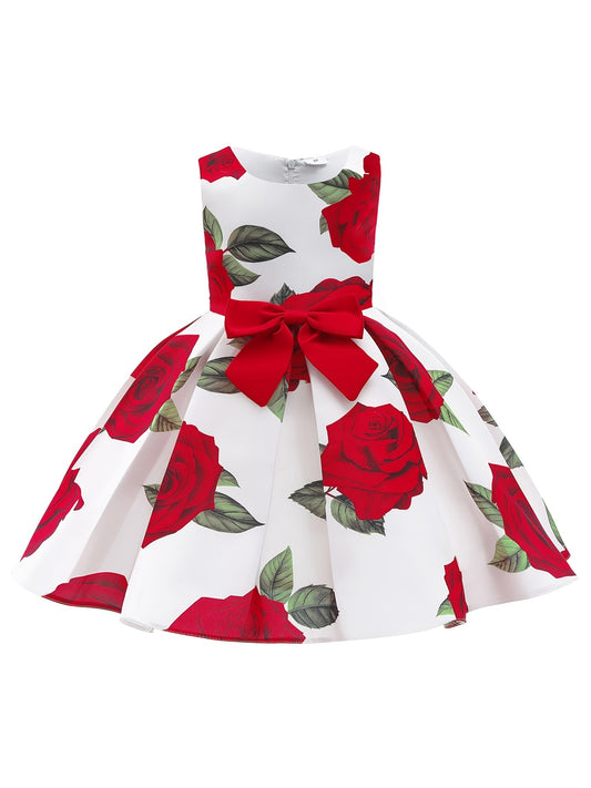 Girls Princess Dress Floral Print Bow Pageant Gown Christmas Birthday Party