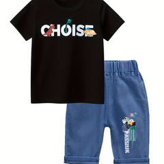 Boys Dino T-shirt & Denim Pants Set, Casual Summer Outfit