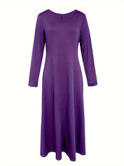 Plus Solid Long Sleeve Round Neck Maxi Dress With Pockets