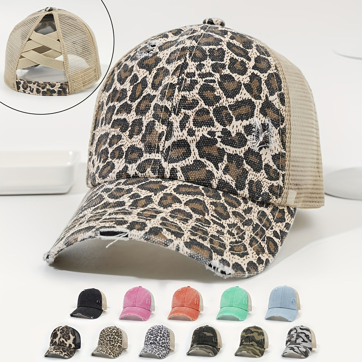 Leopard Print Ponytail Baseball Cap Mesh Trucker Hat
