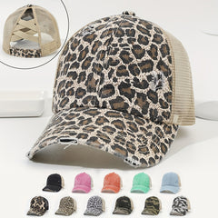 Leopard Print Ponytail Baseball Cap Mesh Trucker Hat