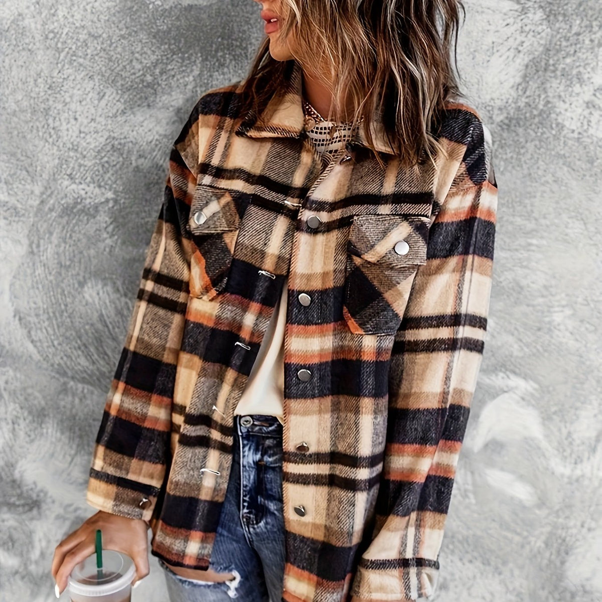 Women's Plus Plaid Print Long Sleeve Button Up Lapel Collar Shirt