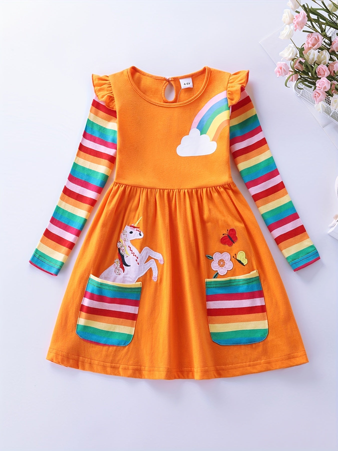 Girls Unicorn Embroidered Dress With Pockets