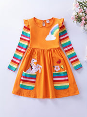 Girls Unicorn Embroidered Dress With Pockets