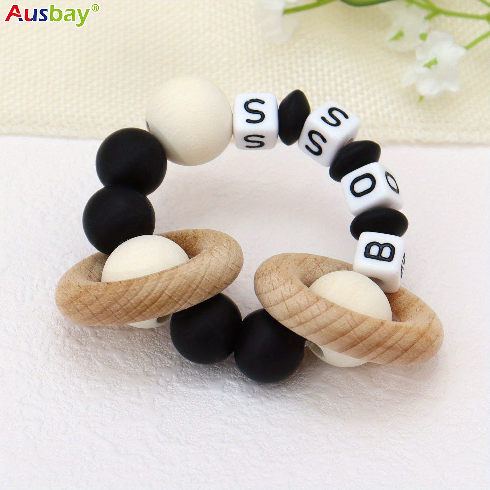 Personalized Wooden Teether & Silicone Rattle for Baby
