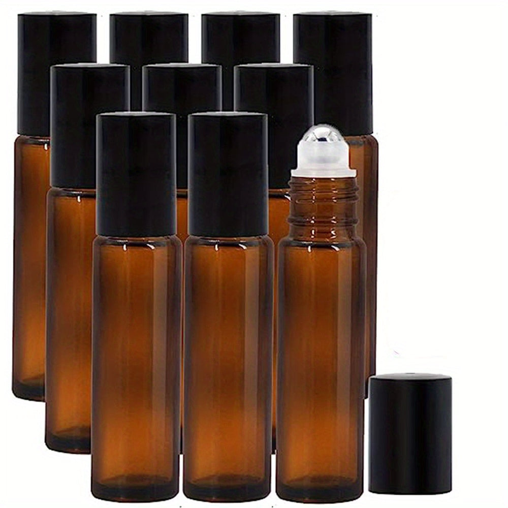 10pcs 10ml Amber Glass Roller Bottles With Stainless Steel Roller Balls And Caps