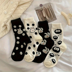 4 Pairs Cartoon Bunny Print Socks Women's Stockings & Hosiery
