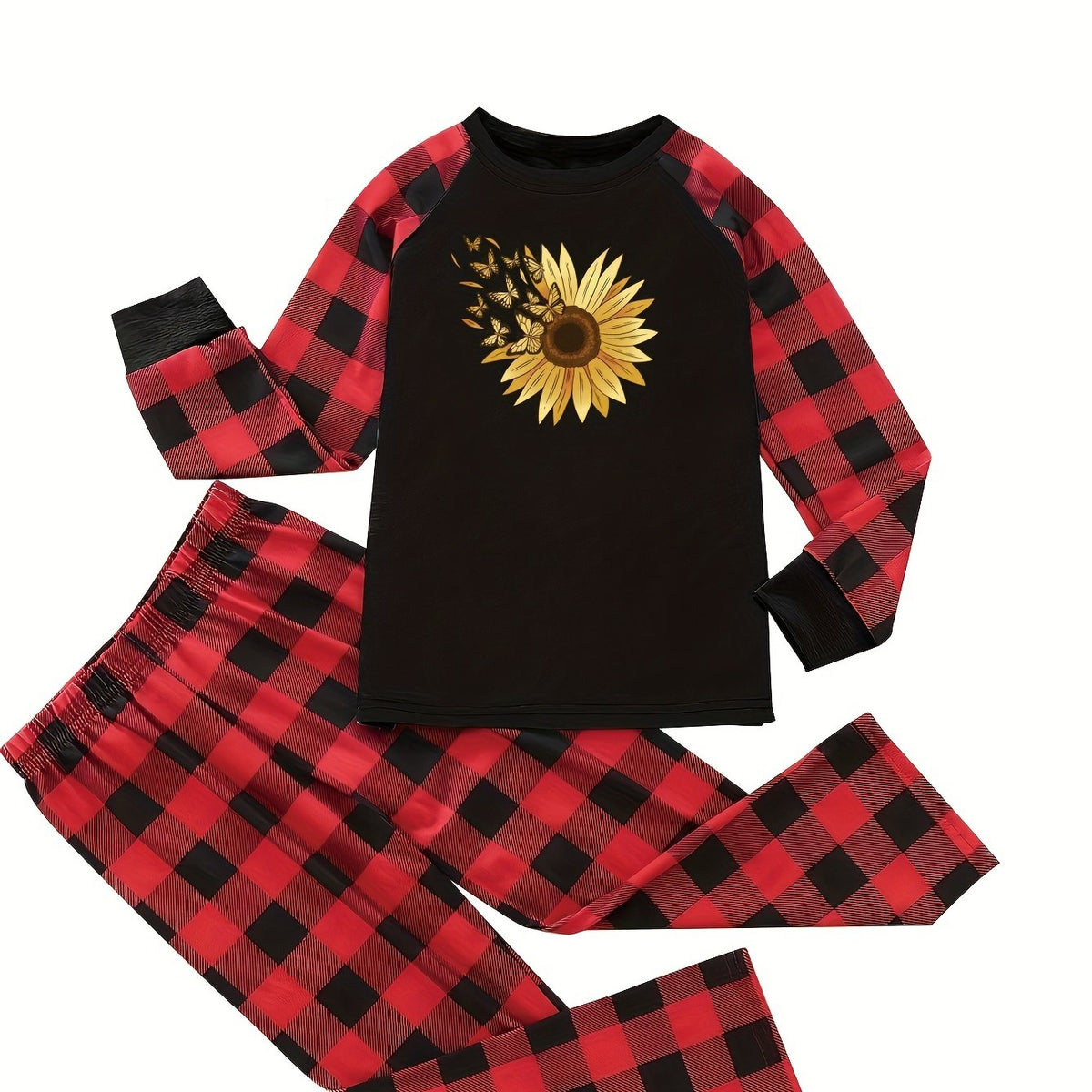 Sunflower & Butterfly Pajama Set Raglan Sleeve Crew Neck Top & P