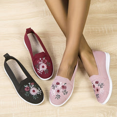 Women's Floral Embroidered Slip On Shoes Breathable Knitted Flats