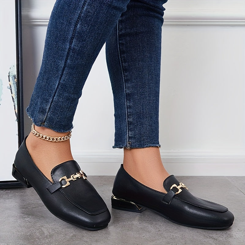 Women's Square Toe Low Heel Loafers with Buckle, Soft Sole Slip On Shoes